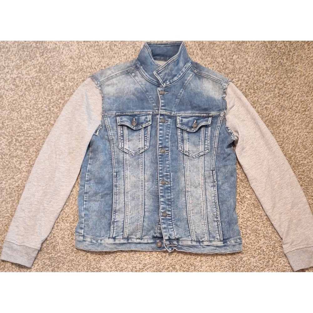 True Rise Womens XL Denim Jacket Blue Gray Mixed Media Knit Sleeve Button Up